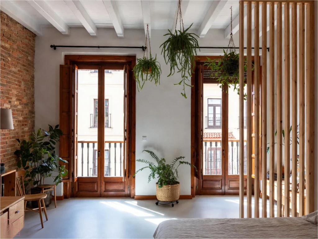Interior de piso en Madrid Centro con balconeras de madera restauradas y luz natural.
