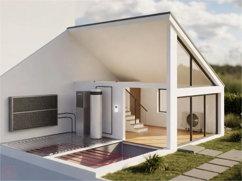Casa moderna con instalación de aerotermia, suelo radiante y unidad exterior. Qué es aerotermia y cómo funciona. Reforma integral Madrid con Mokara Estudio.