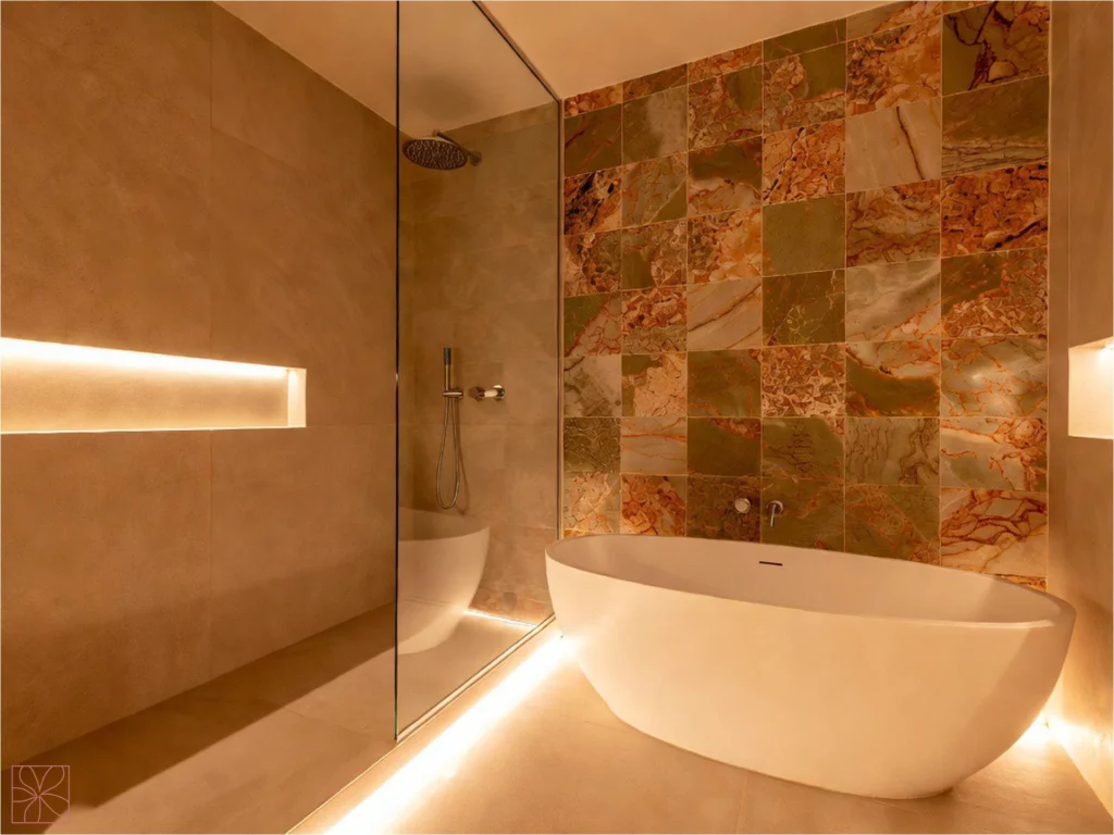Tendencia en azulejos para baños en colores ocre en Madrid para reforma de baño Mokara Estudio